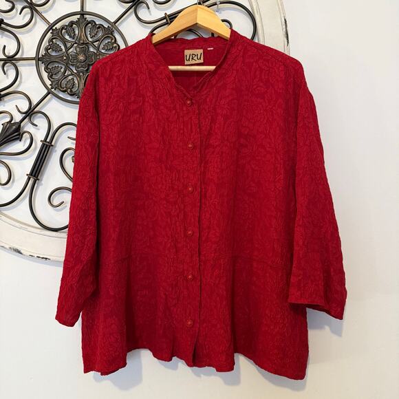 Vintage 1990s URU Santa Fe Textured Silk Blouse Ruby Red Art-to-Wear Top, 2X - Picture 1 of 8